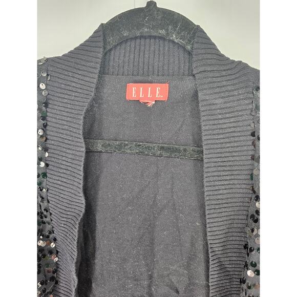 Elle Women's Black Long Sleeve Open-Front Sequin 100% Cotton Cardigan Size M - Picture 3 of 5
